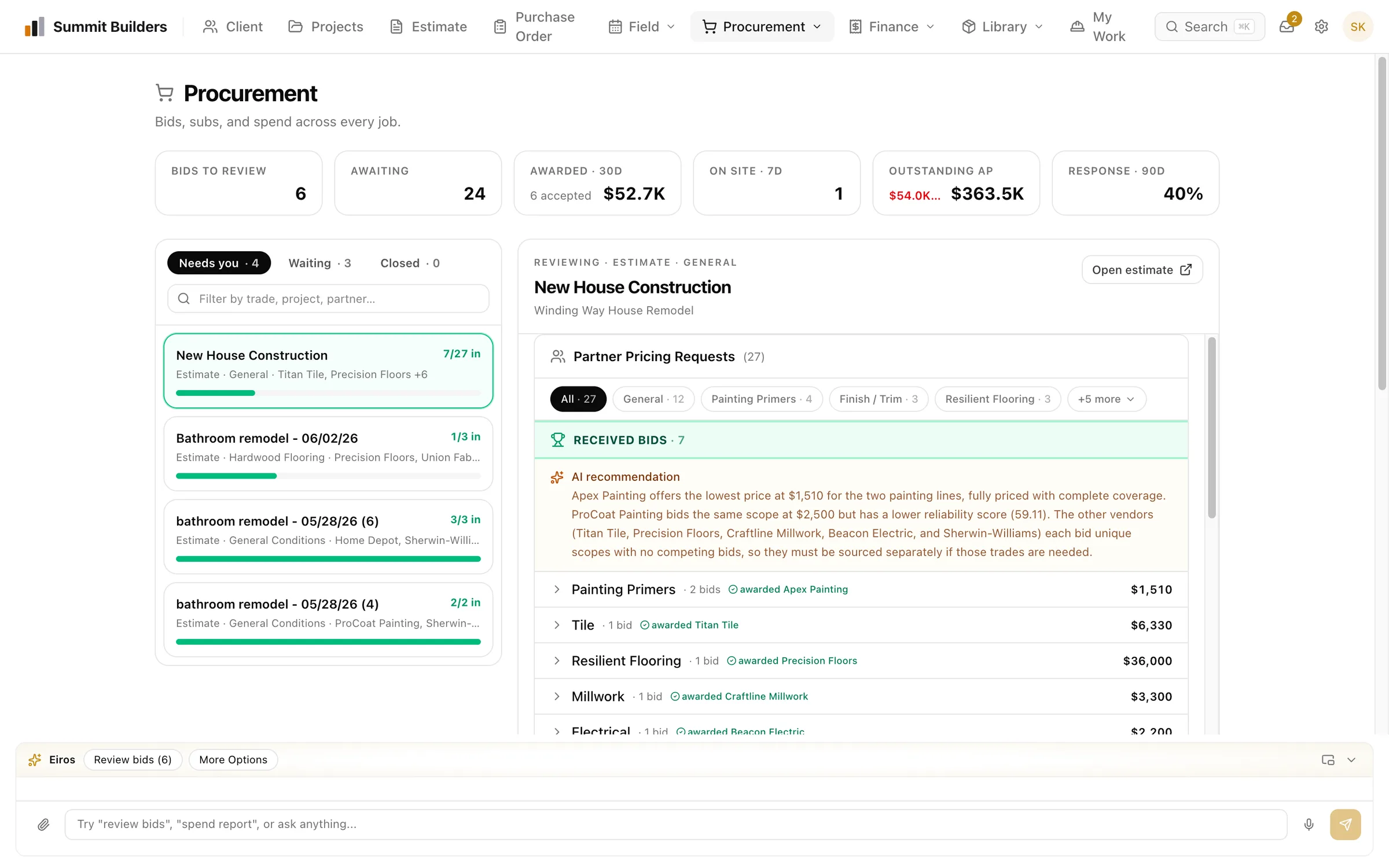 Swiftway procurement hub showing partner pricing requests, received bids, and an AI recommendation comparing painting bids