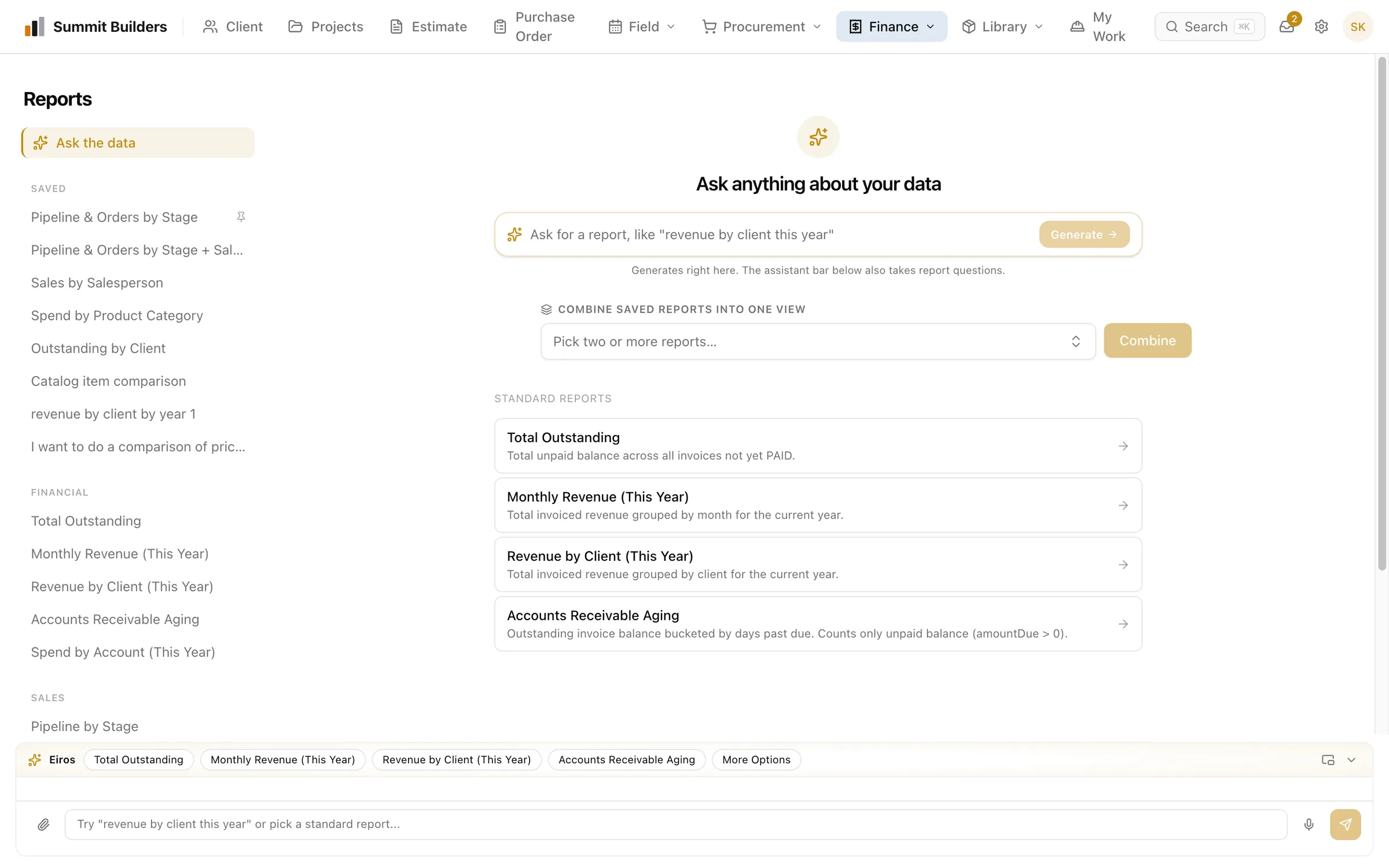 Swiftway reports page with a natural-language ask-the-data prompt, saved reports and standard financial reports