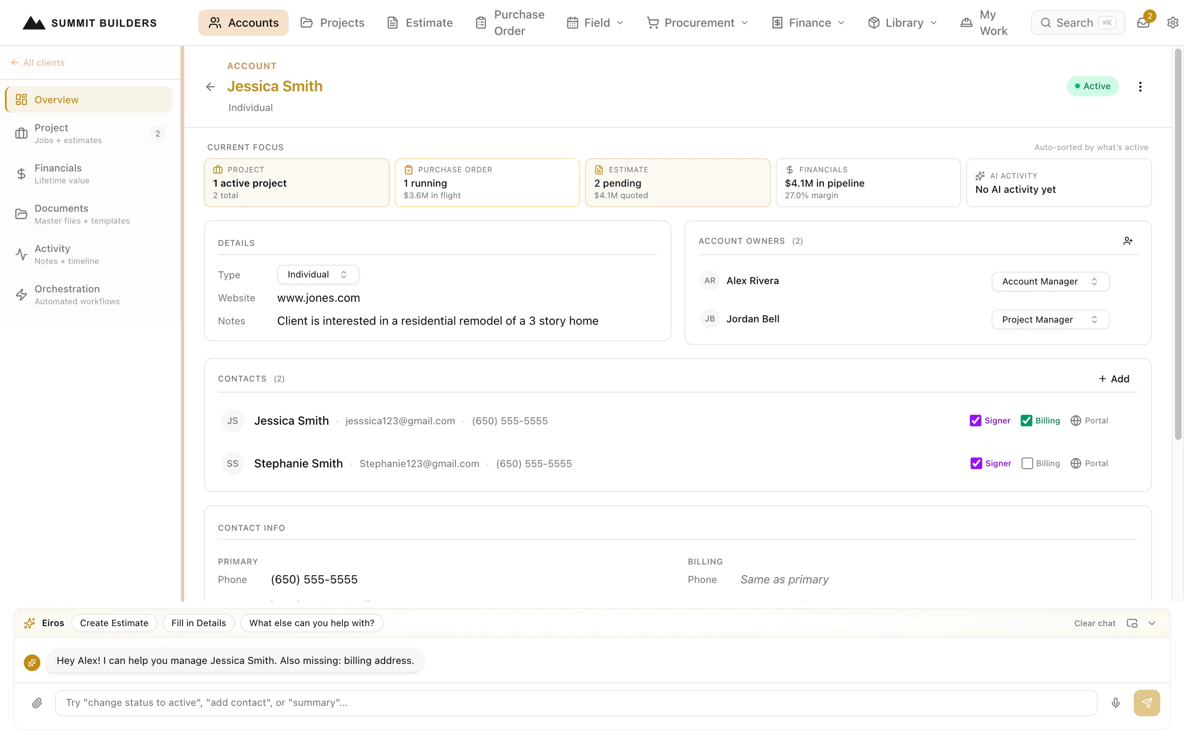 Swiftway client record showing current focus tiles, pipeline value, account owners, contacts with signer and billing roles, and Eiros noting missing fields