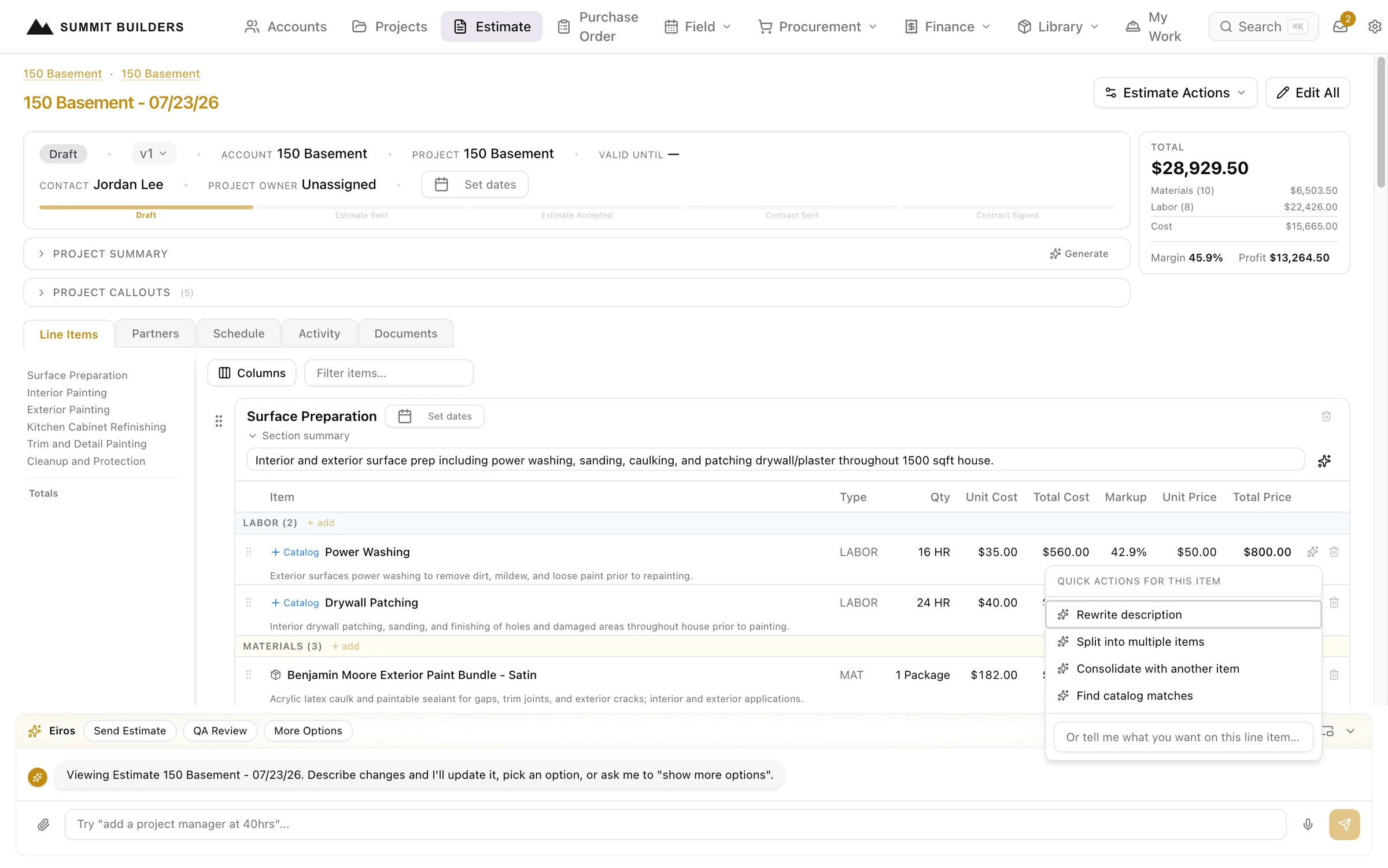 Swiftway estimate line items with the per-line AI quick actions popover open, offering rewrite, split, consolidate, and catalog match