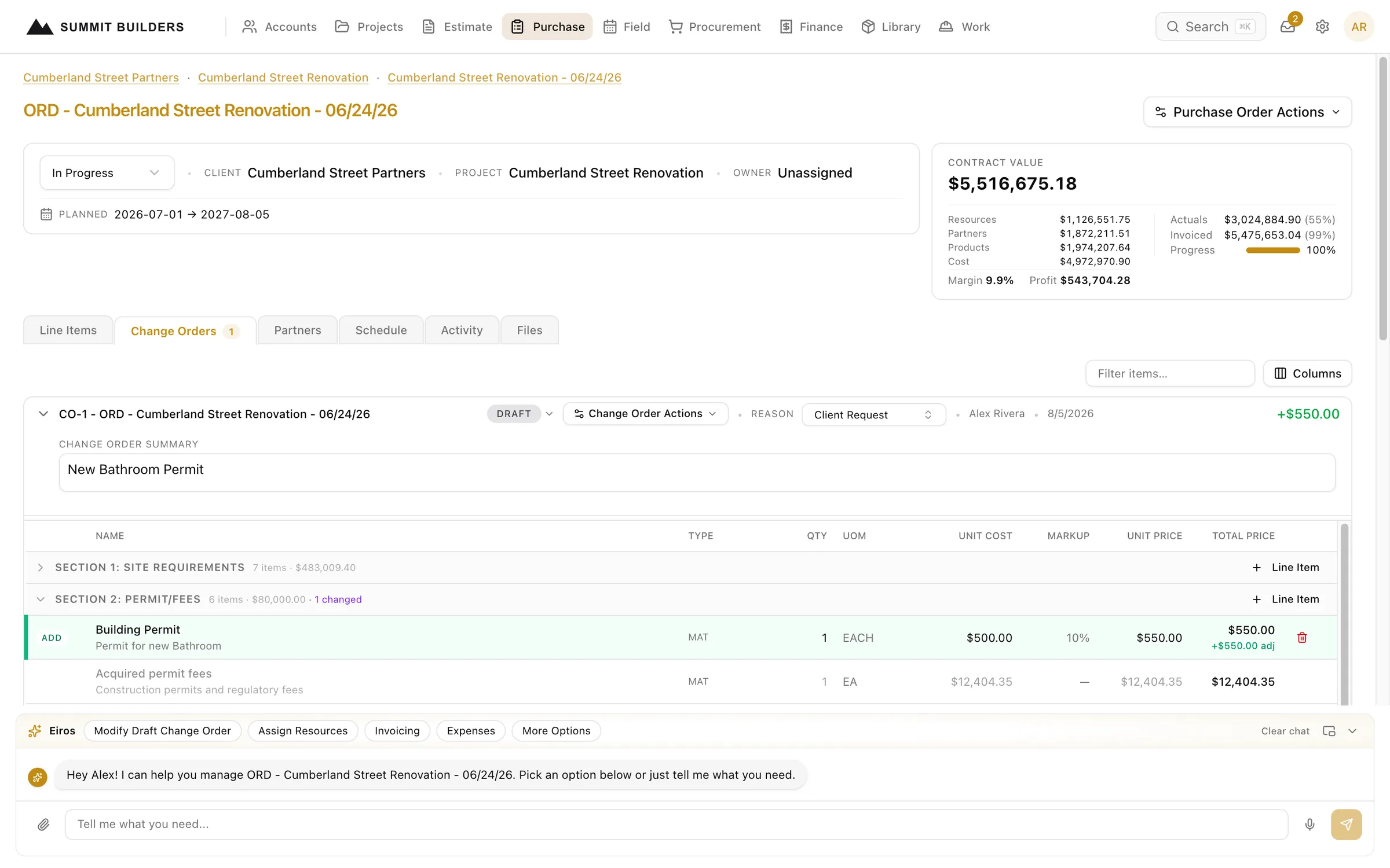 Swiftway change order showing the scope and price impact of added work, ready to send to the client for approval