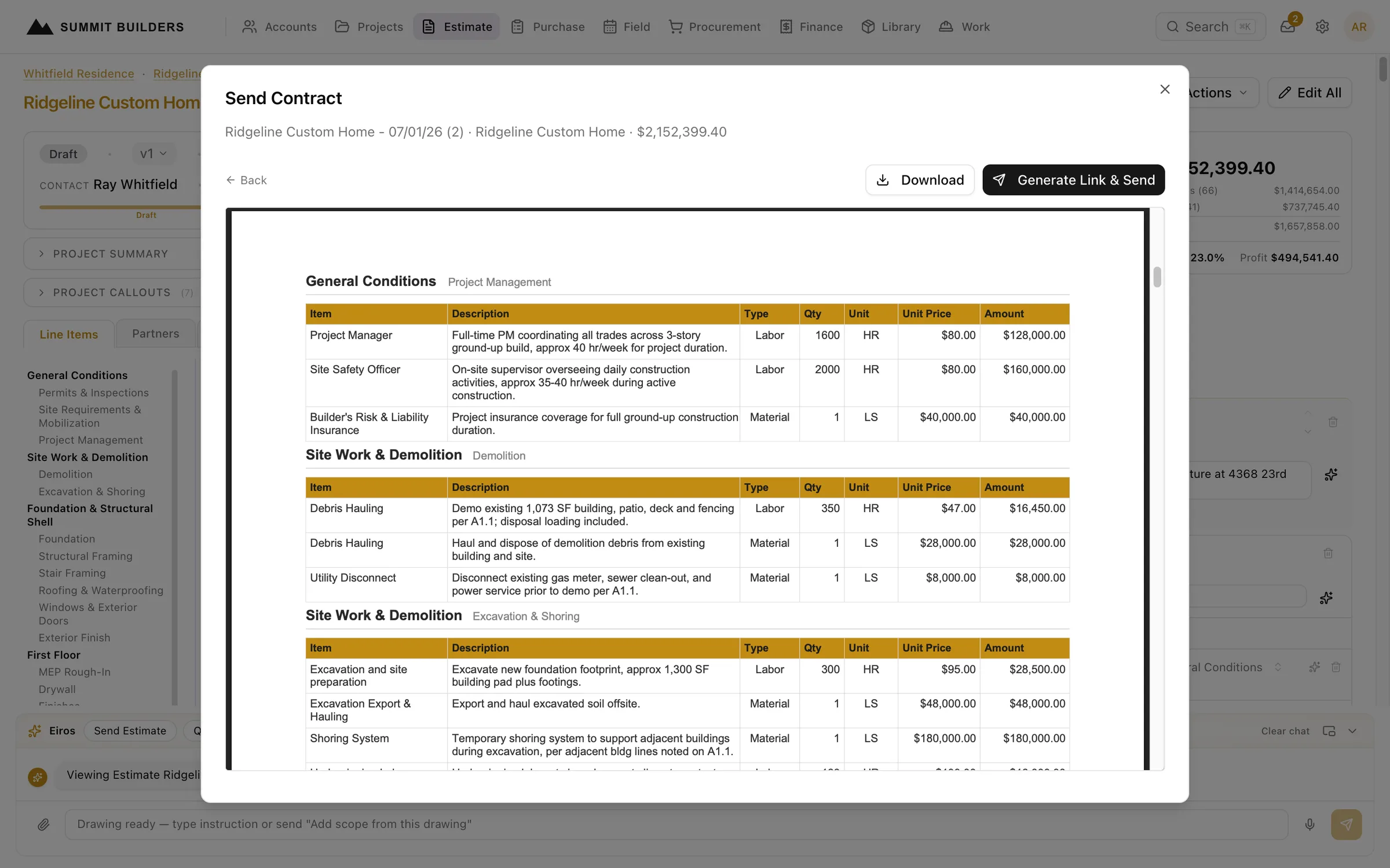 Swiftway contract preview showing the contract carrying the estimate's own sections and line items with descriptions, quantities and amounts