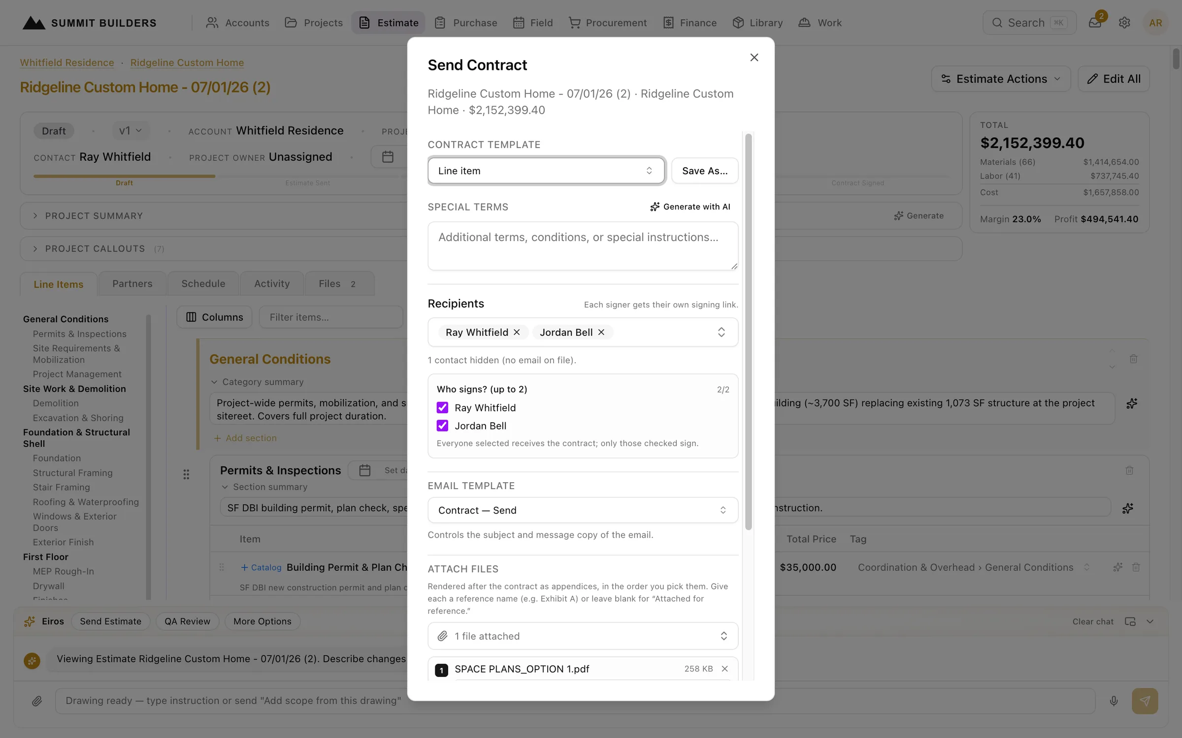 Swiftway send-contract dialog showing template selection, AI special terms, recipients with signer checkboxes, email template and attached files
