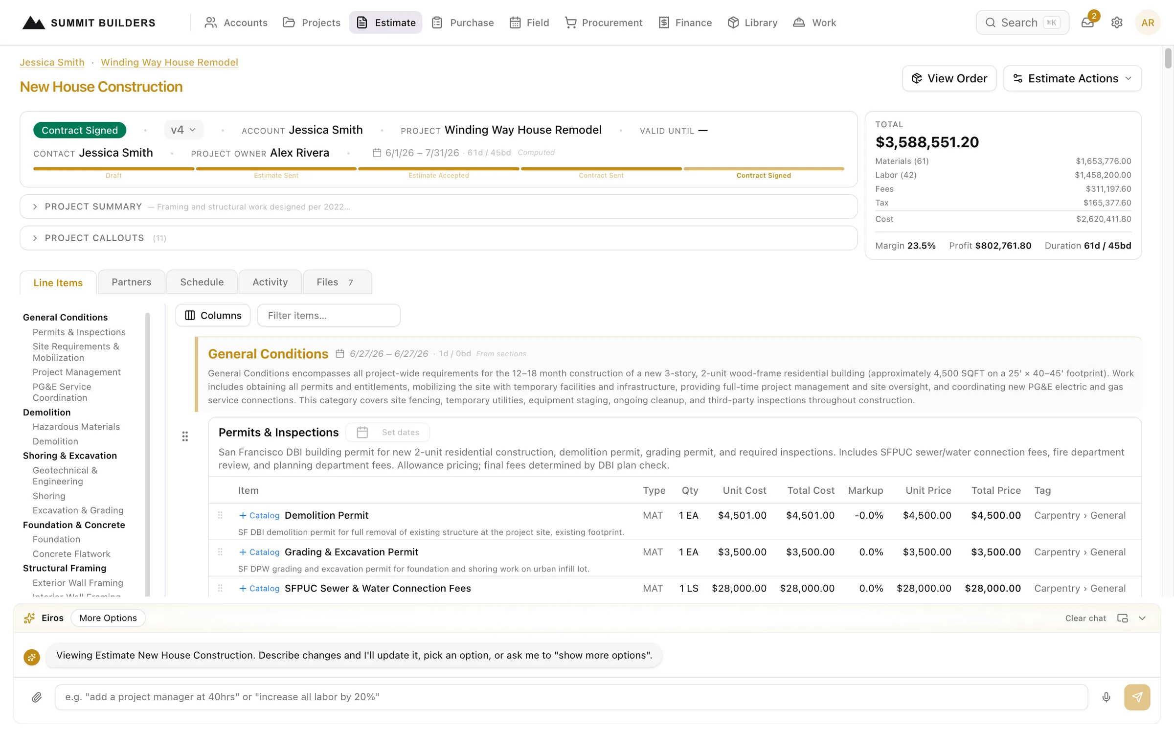 Swiftway estimate detail showing a $3.5M construction estimate with line items, margin and signed contract status