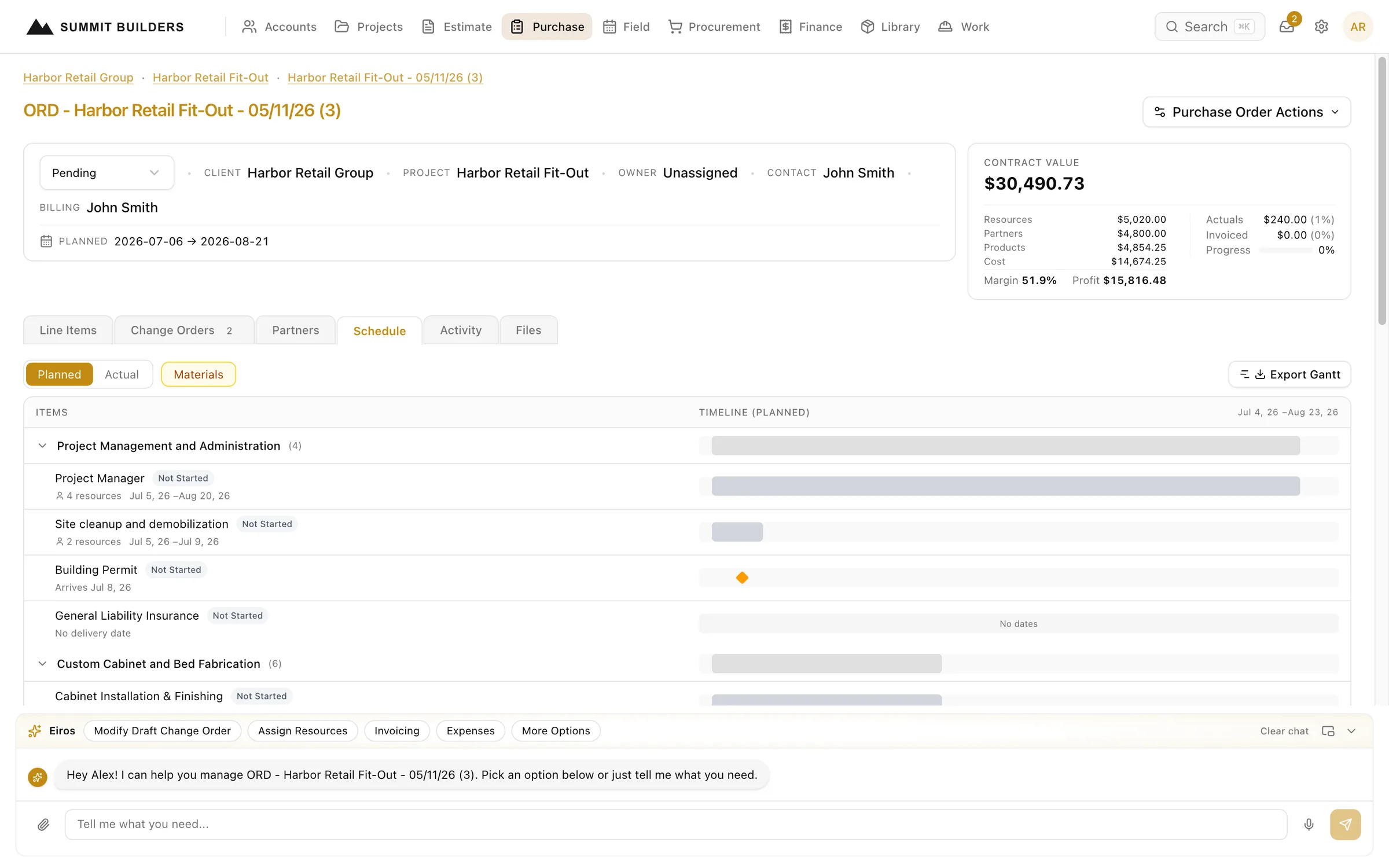 Swiftway Gantt chart export showing the full project timeline with phases and dependencies laid out by date