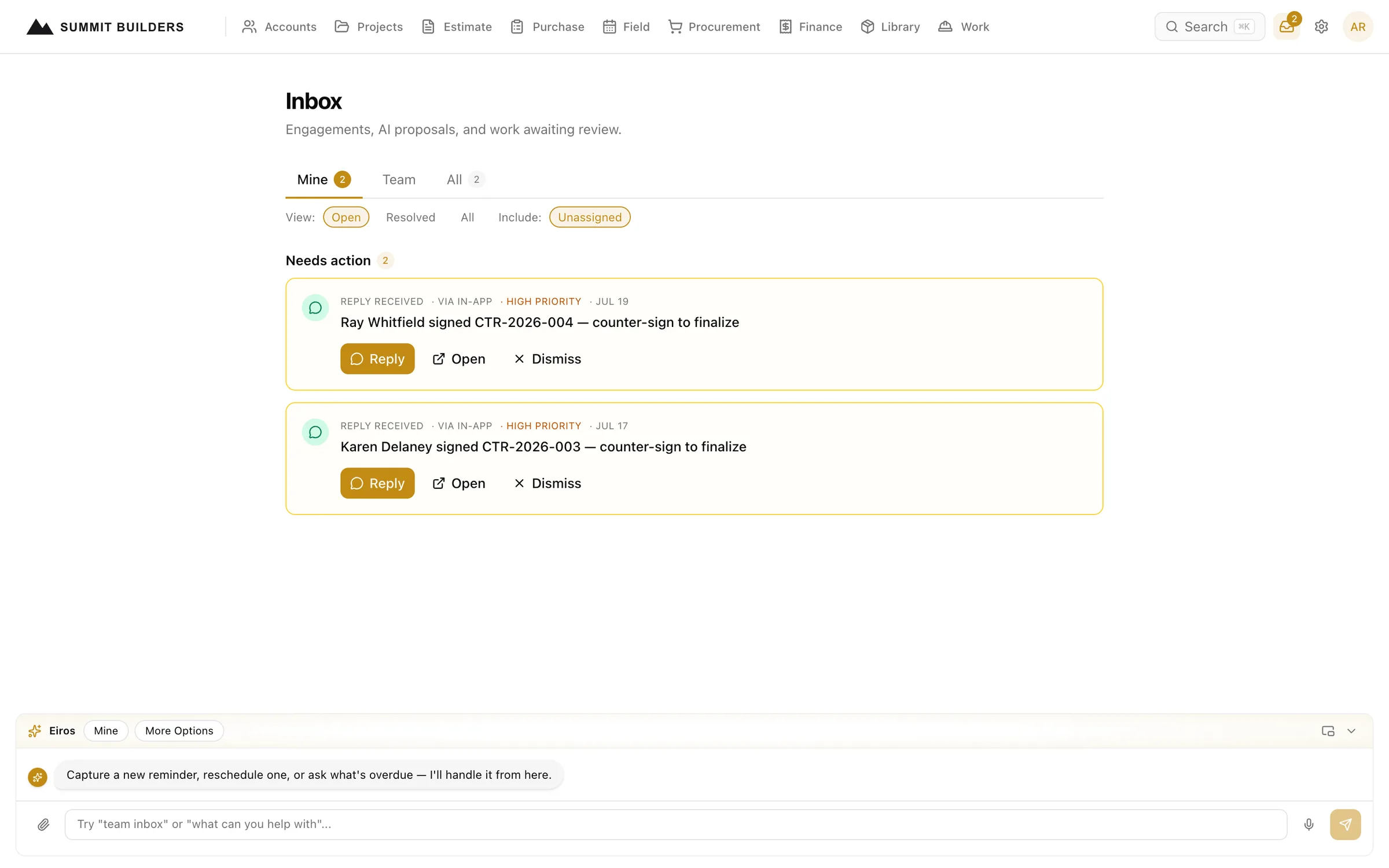 Swiftway inbox showing AI-proposed actions from inbound client messages awaiting approval