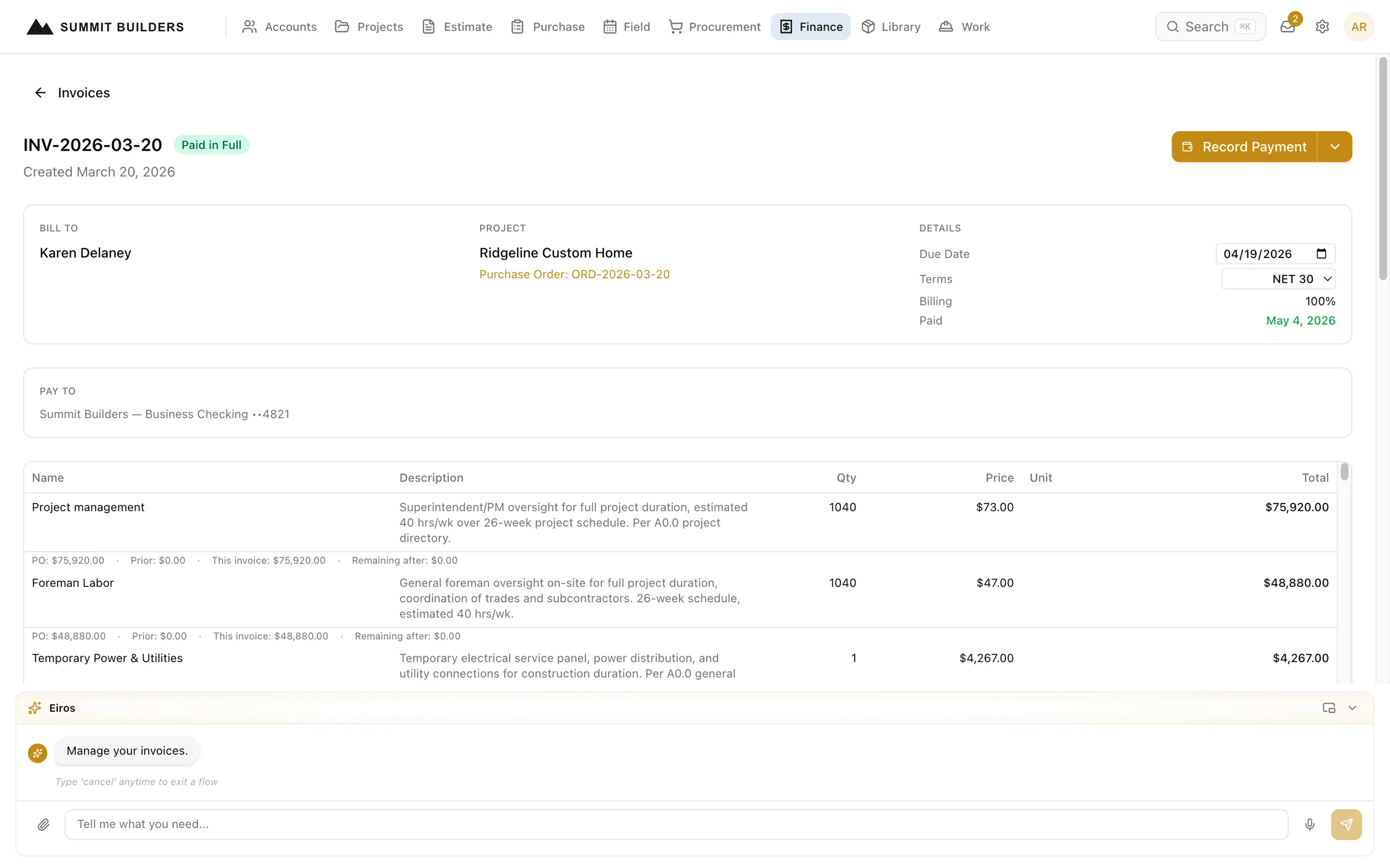 Swiftway invoice draft rendered as a client-ready document with line items, totals, and billing details