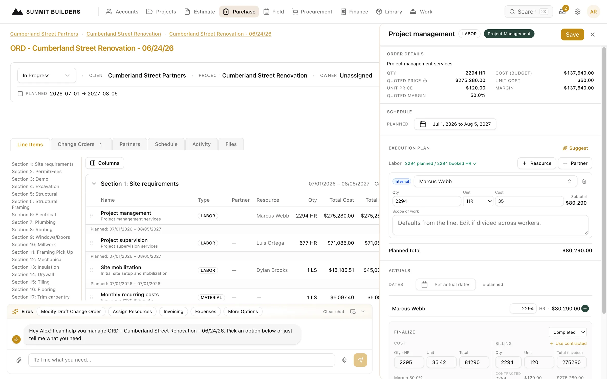 Swiftway purchase order with a line item open showing order details, schedule, execution plan with arrival dates, actuals, and finalize reconciliation