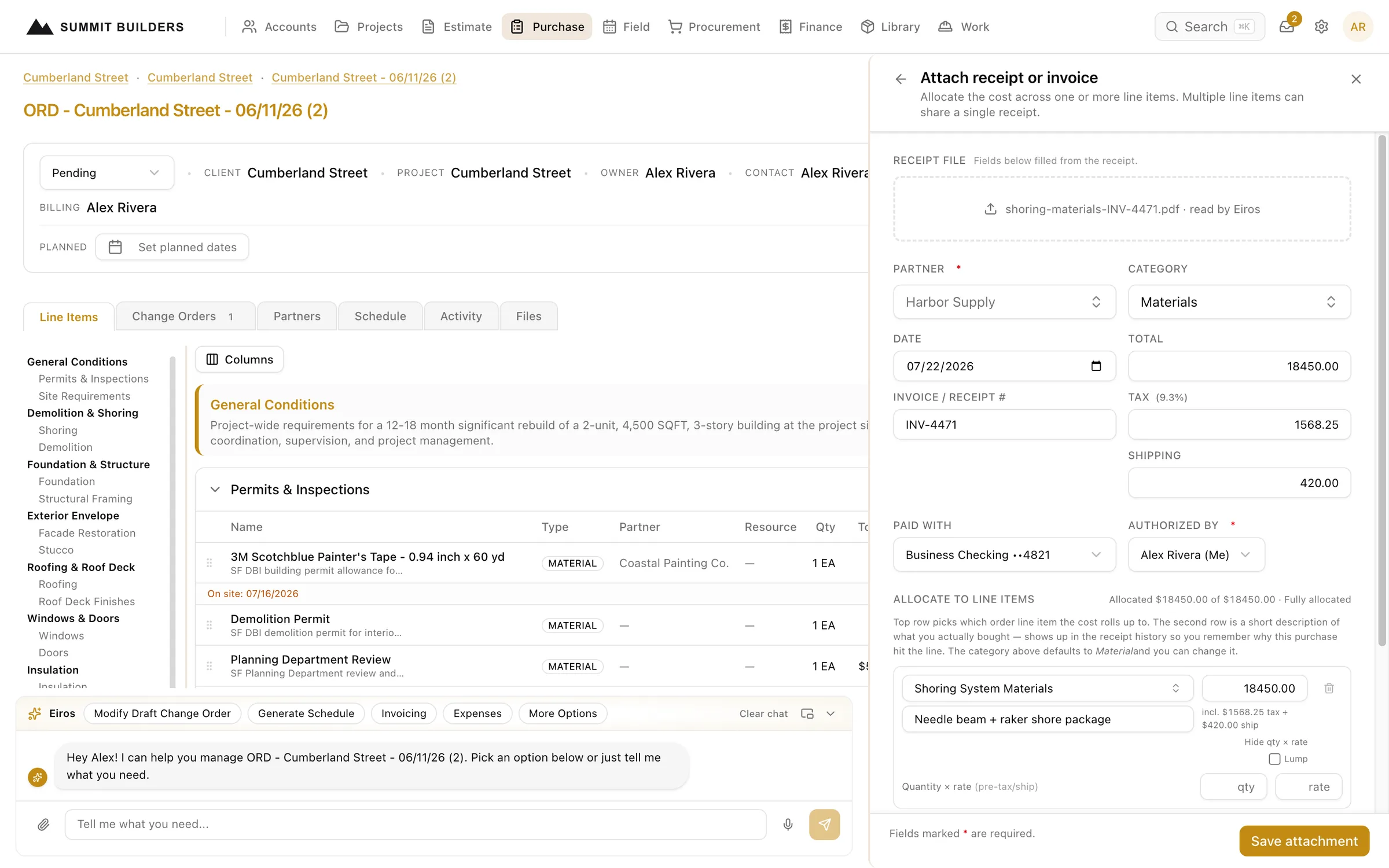 Swiftway parsing an uploaded receipt into line items with vendor, amounts, and job allocation filled in