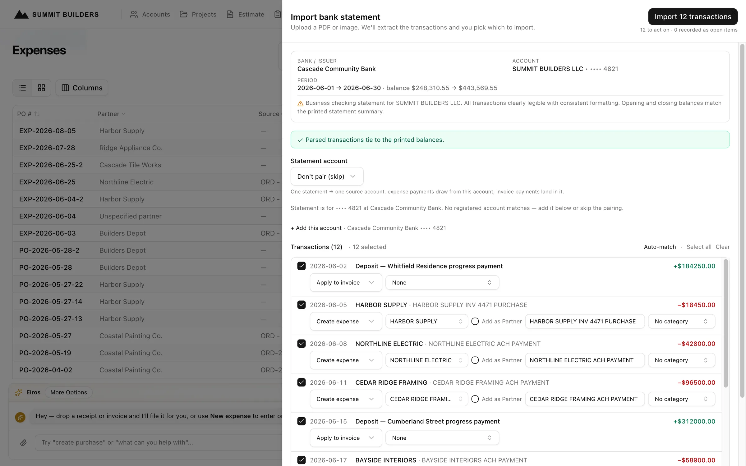 Swiftway bank statement import showing parsed transactions being assigned against bills and recorded expenses