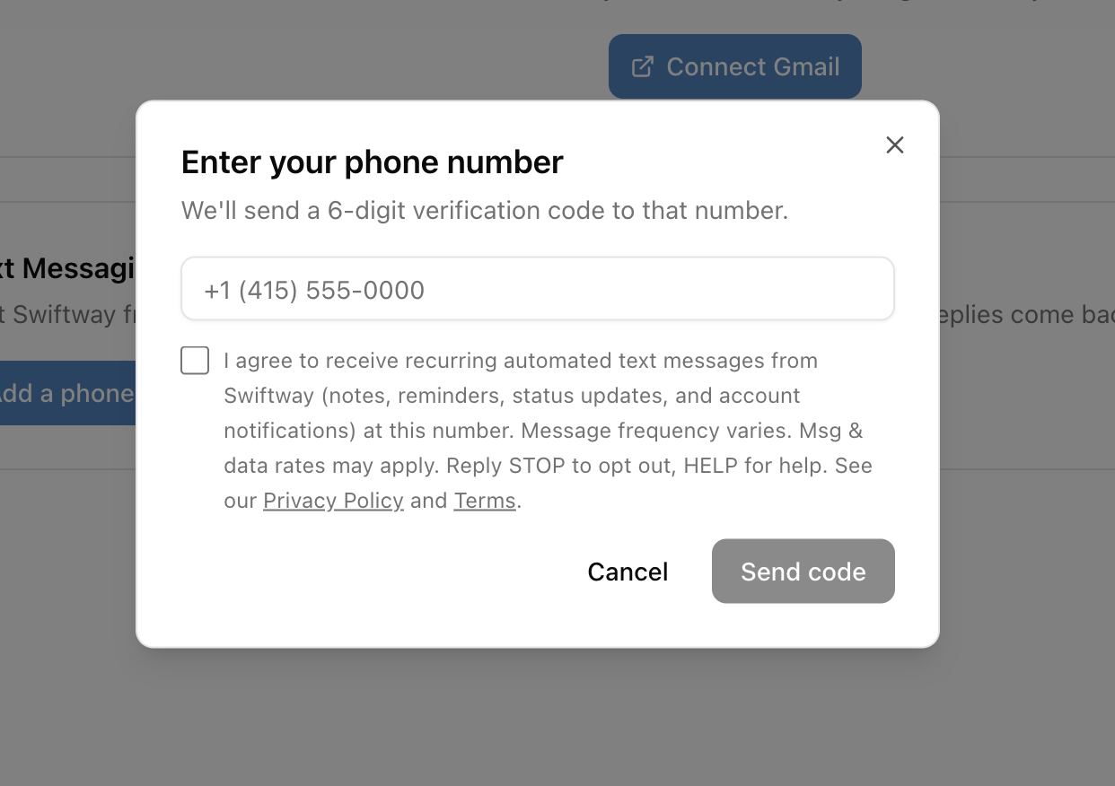 The Swiftway messaging opt-in screen at Settings, Integrations, Messaging, showing the mobile number field and the consent disclosure above the Send code button.